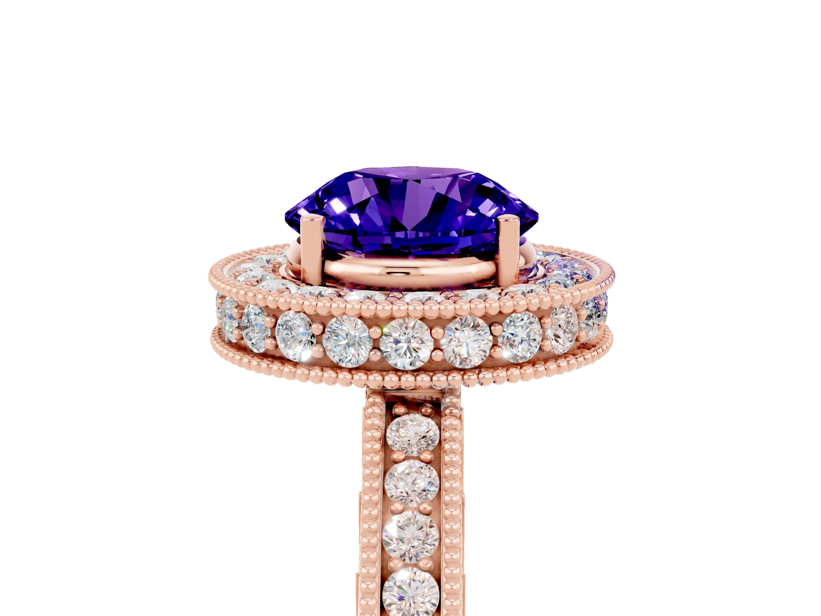 Rose gold Round Cut Halo Diamond Engagement Ring with Milgrain Pave Band and Four-Prong Setting_5