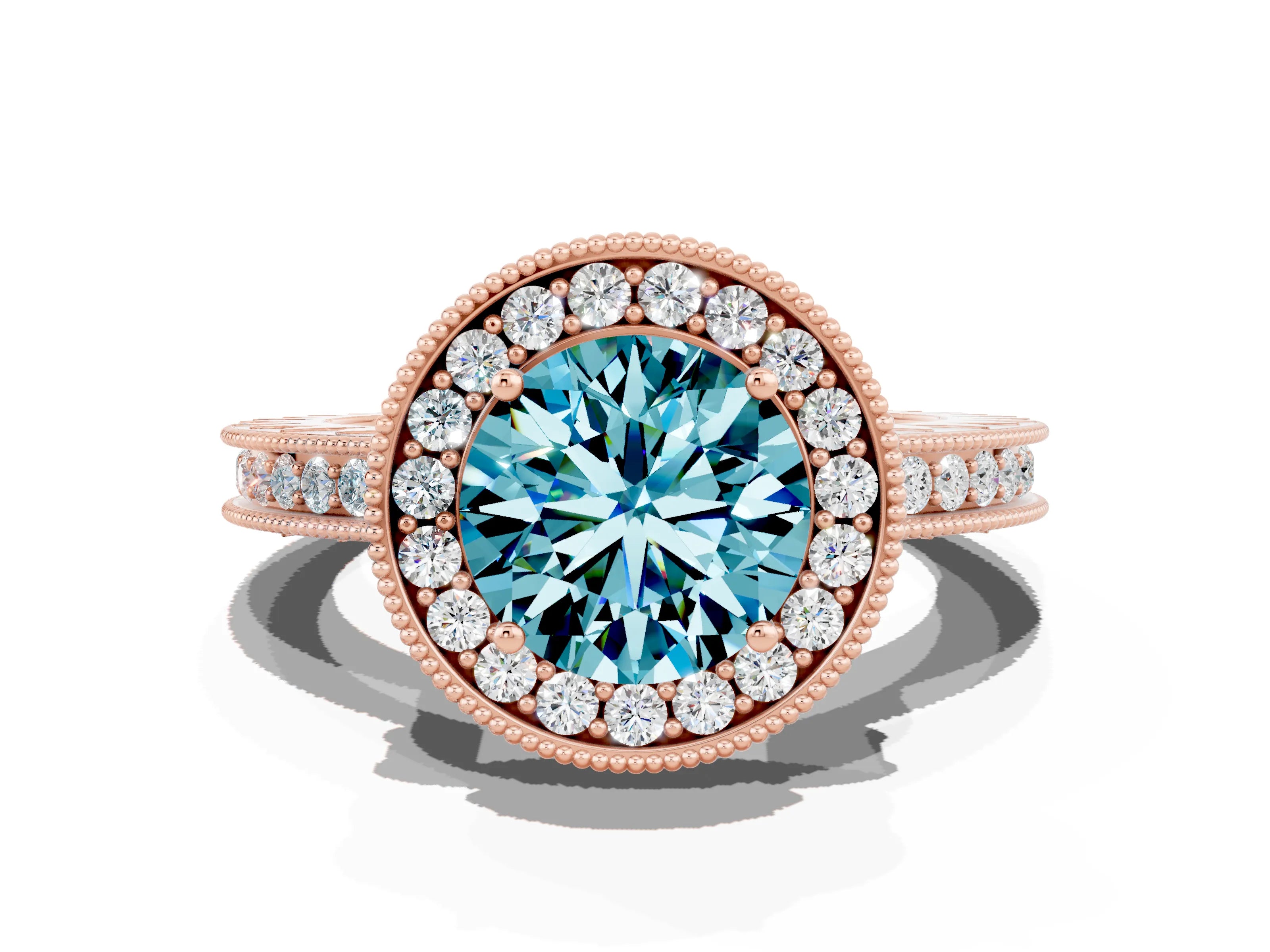 Rose gold Round Cut Halo Diamond Engagement Ring with Milgrain Pave Band and Four-Prong Setting