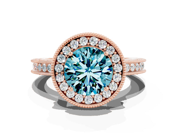 Rose gold Round Cut Halo Diamond Engagement Ring with Milgrain Pave Band and Four-Prong Setting