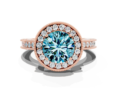 Rose gold Round Cut Halo Diamond Engagement Ring with Milgrain Pave Band and Four-Prong Setting