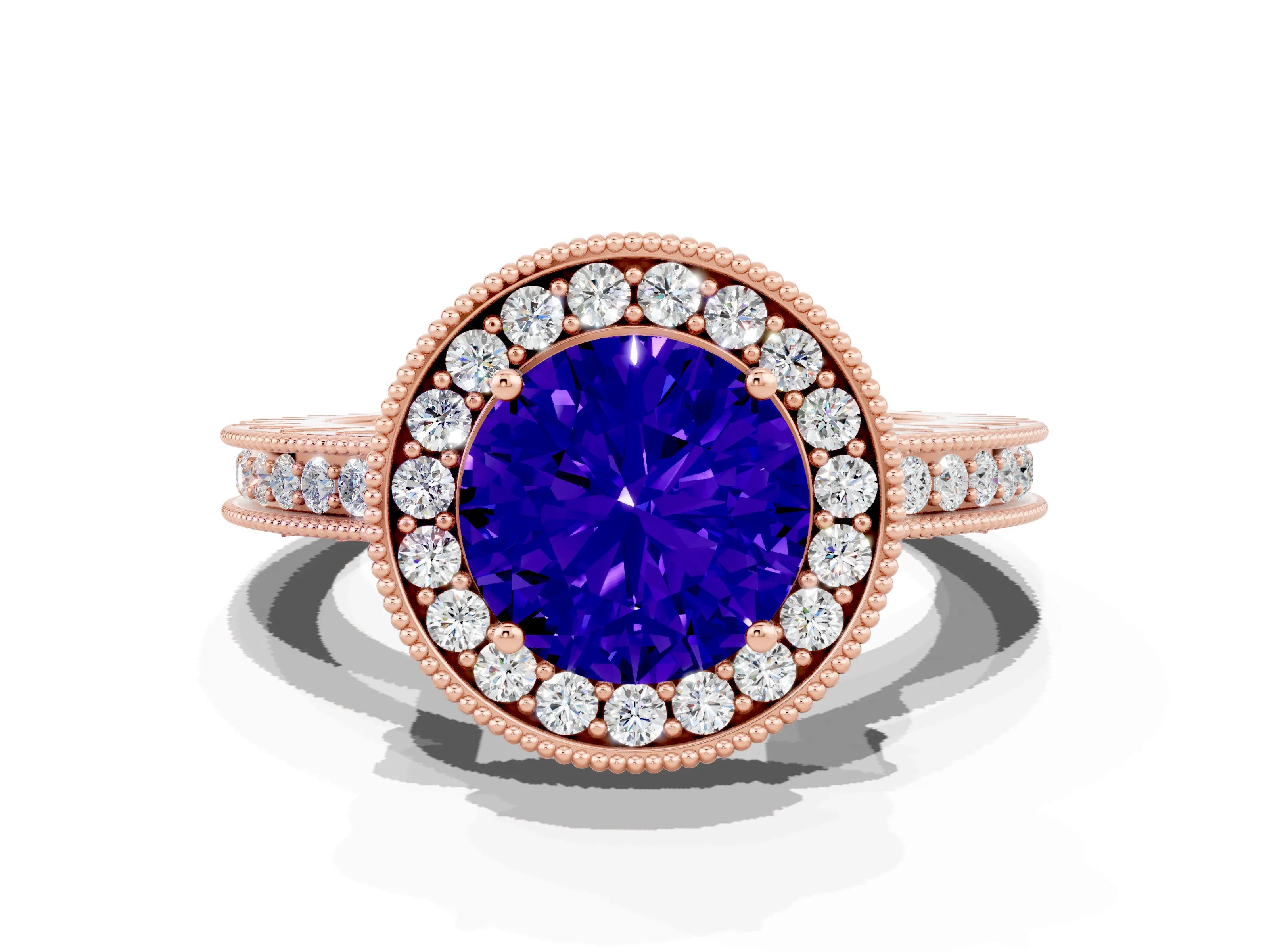 Rose gold Round Cut Halo Diamond Engagement Ring with Milgrain Pave Band and Four-Prong Setting