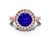 Rose gold Round Cut Halo Diamond Engagement Ring with Milgrain Pave Band and Four-Prong Setting