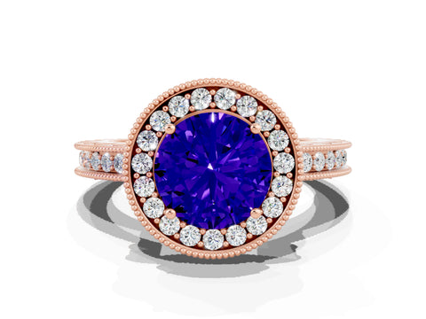 Rose gold Round Cut Halo Diamond Engagement Ring with Milgrain Pave Band and Four-Prong Setting