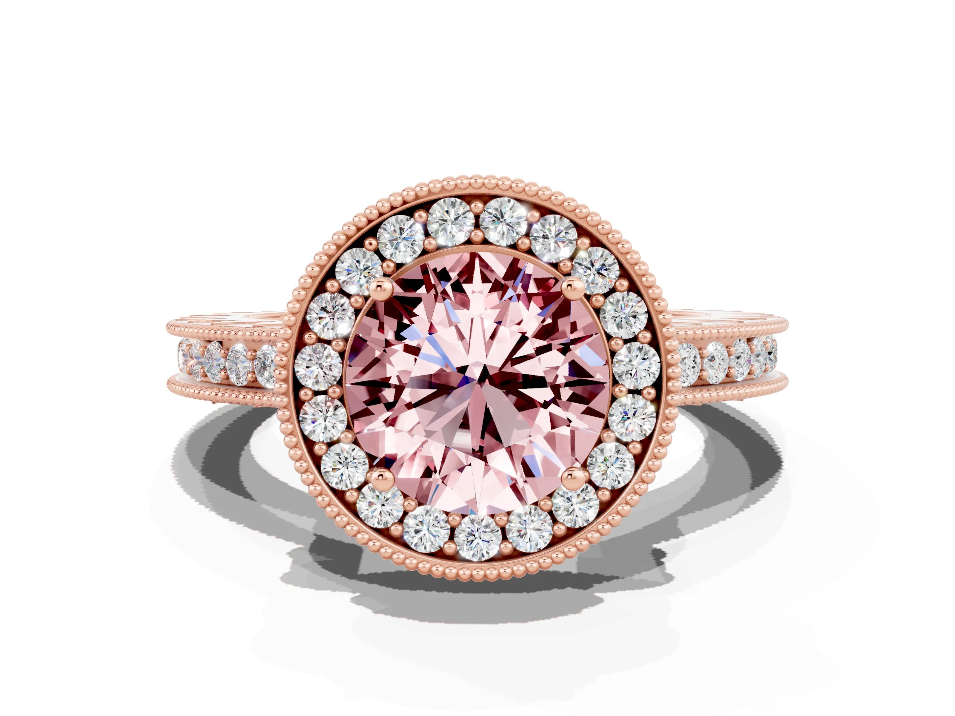 Rose gold Round Cut Halo Diamond Engagement Ring with Milgrain Pave Band and Four-Prong Setting
