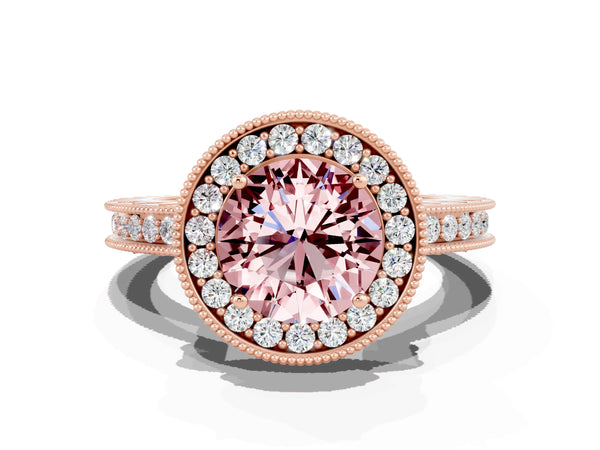 Rose gold Round Cut Halo Diamond Engagement Ring with Milgrain Pave Band and Four-Prong Setting