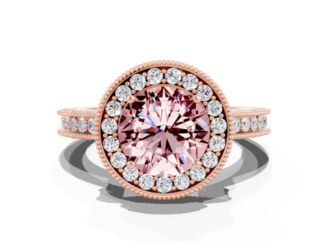 Rose gold Round Cut Halo Diamond Engagement Ring with Milgrain Pave Band and Four-Prong Setting