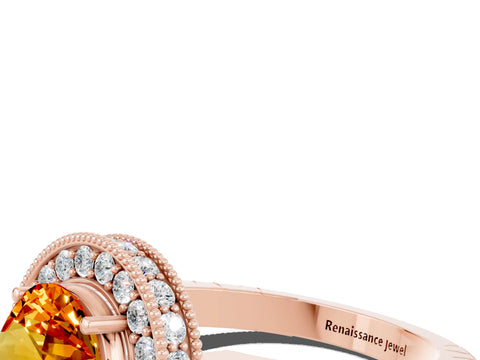 Rose gold Round Cut Halo Diamond Engagement Ring with Milgrain Pave Band and Four-Prong Setting