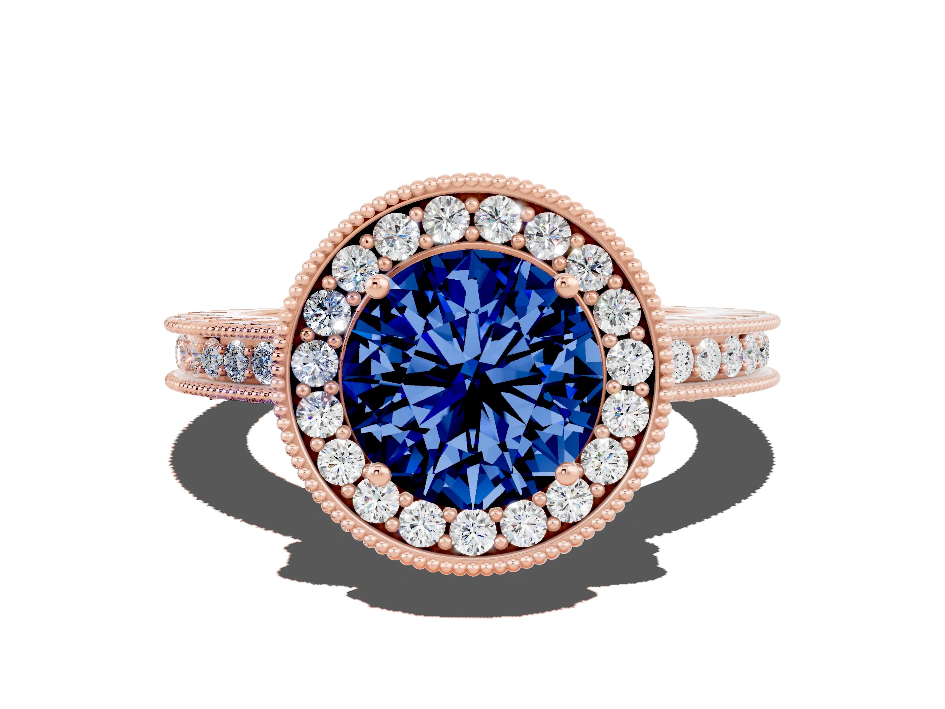 Rose gold Round Cut Halo Diamond Engagement Ring with Milgrain Pave Band and Four-Prong Setting