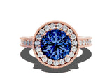Rose gold Round Cut Halo Diamond Engagement Ring with Milgrain Pave Band and Four-Prong Setting