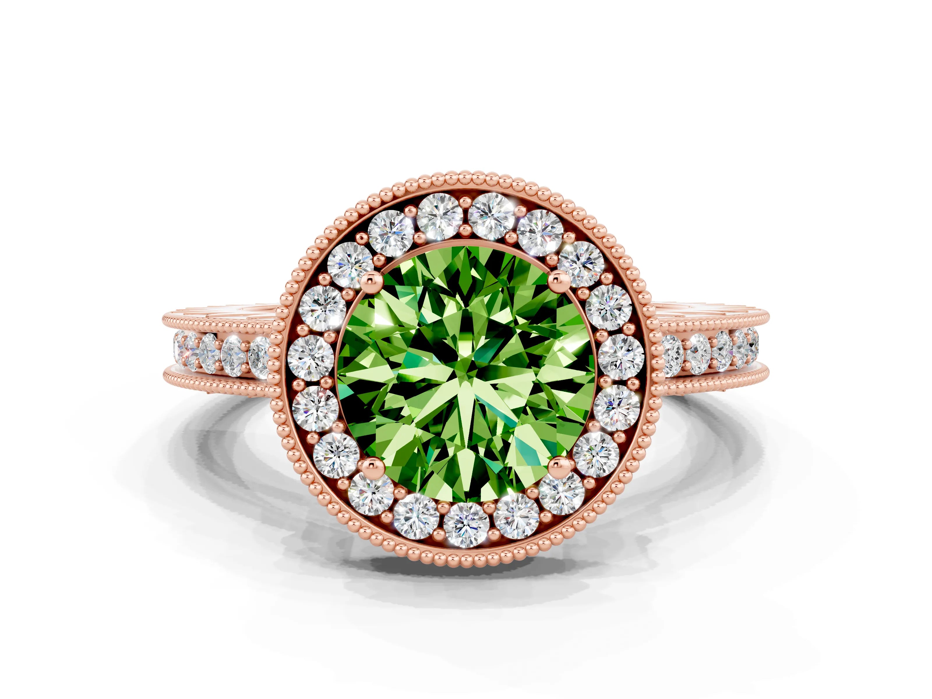 Rose gold Round Cut Halo Diamond Engagement Ring with Milgrain Pave Band and Four-Prong Setting