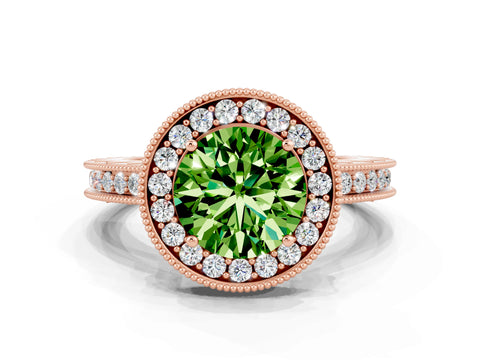 Rose gold Round Cut Halo Diamond Engagement Ring with Milgrain Pave Band and Four-Prong Setting