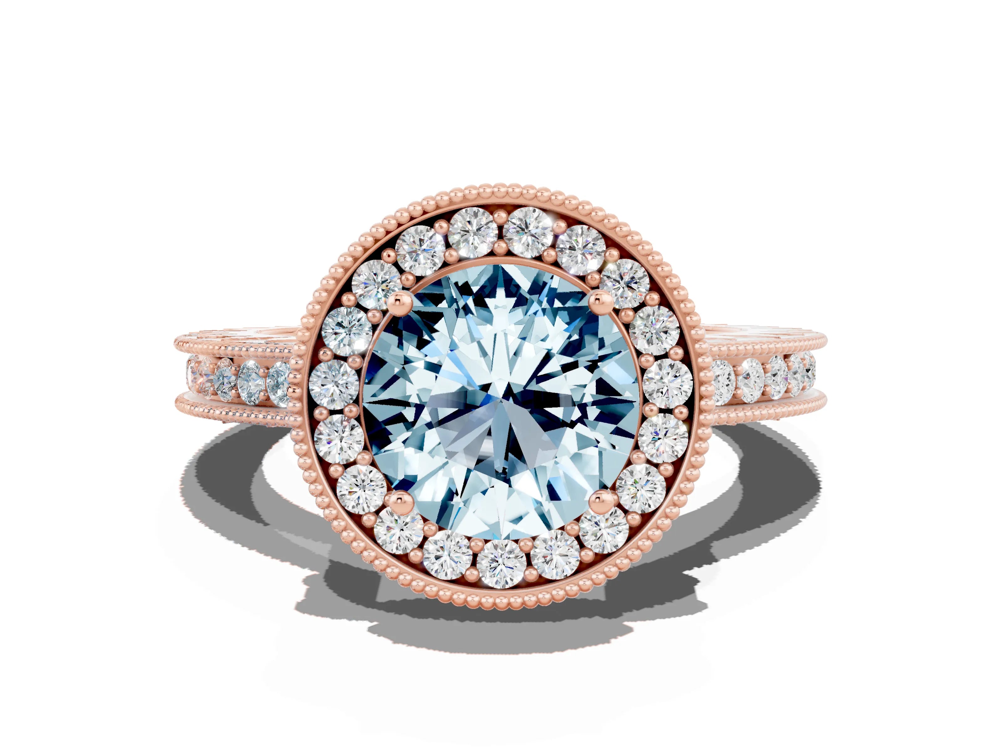 Rose gold Round Cut Halo Diamond Engagement Ring with Milgrain Pave Band and Four-Prong Setting