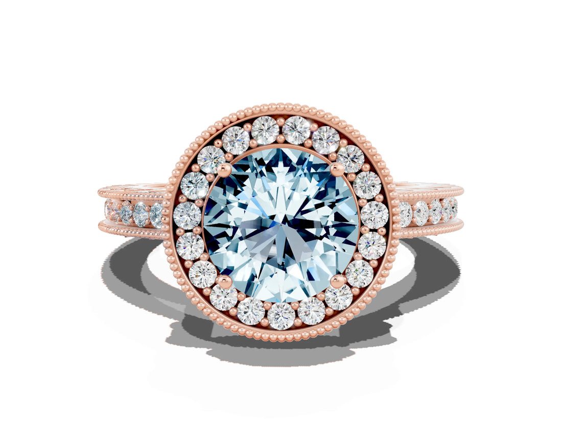 Rose gold Round Cut Halo Diamond Engagement Ring with Milgrain Pave Band and Four-Prong Setting
