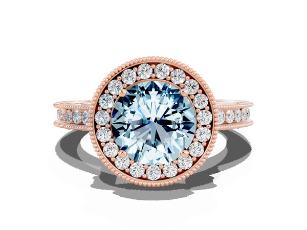 Rose gold Round Cut Halo Diamond Engagement Ring with Milgrain Pave Band and Four-Prong Setting
