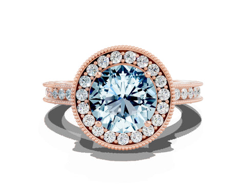 Rose gold Round Cut Halo Diamond Engagement Ring with Milgrain Pave Band and Four-Prong Setting