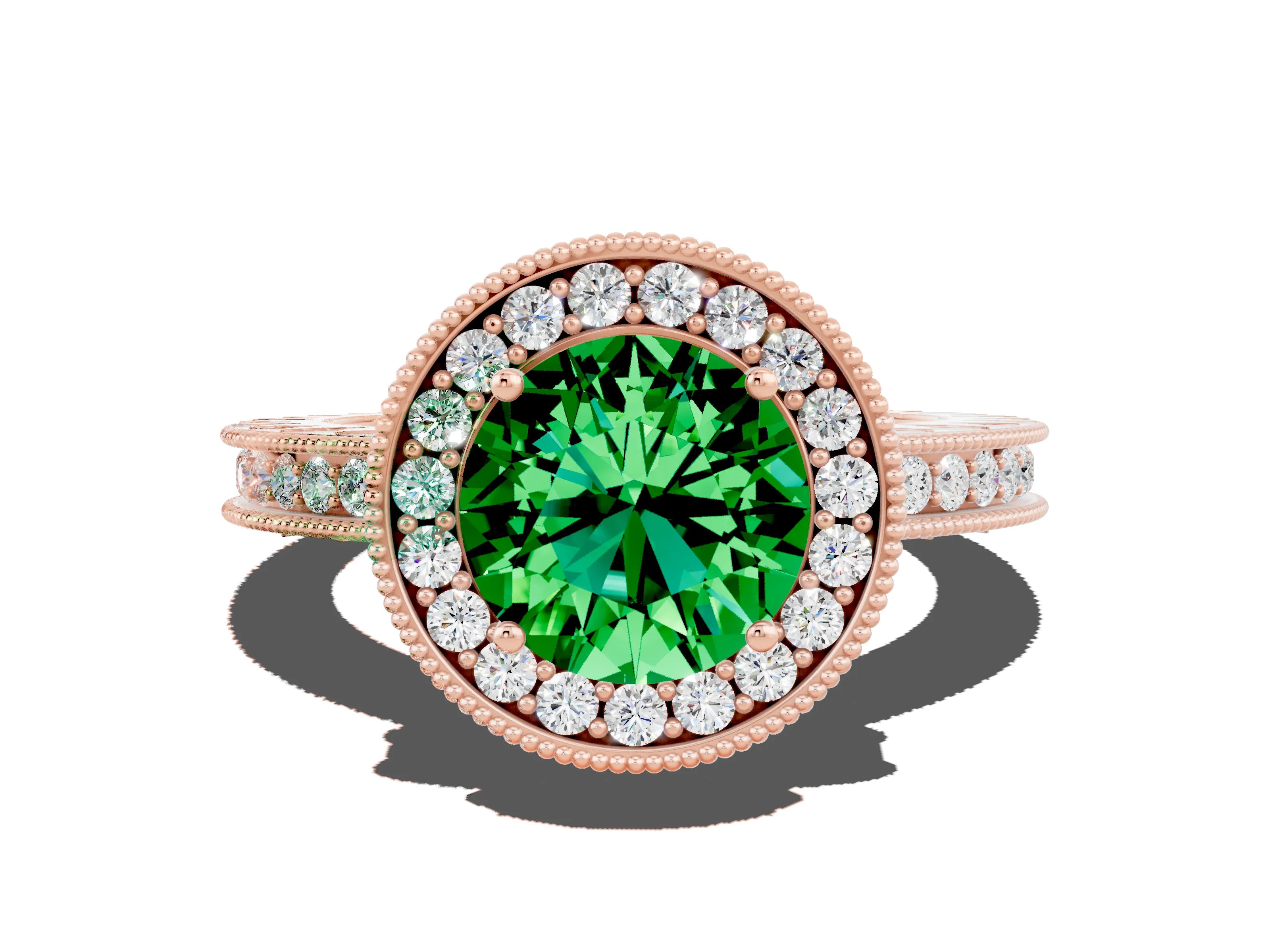 Rose gold Round Cut Halo Diamond Engagement Ring with Milgrain Pave Band and Four-Prong Setting