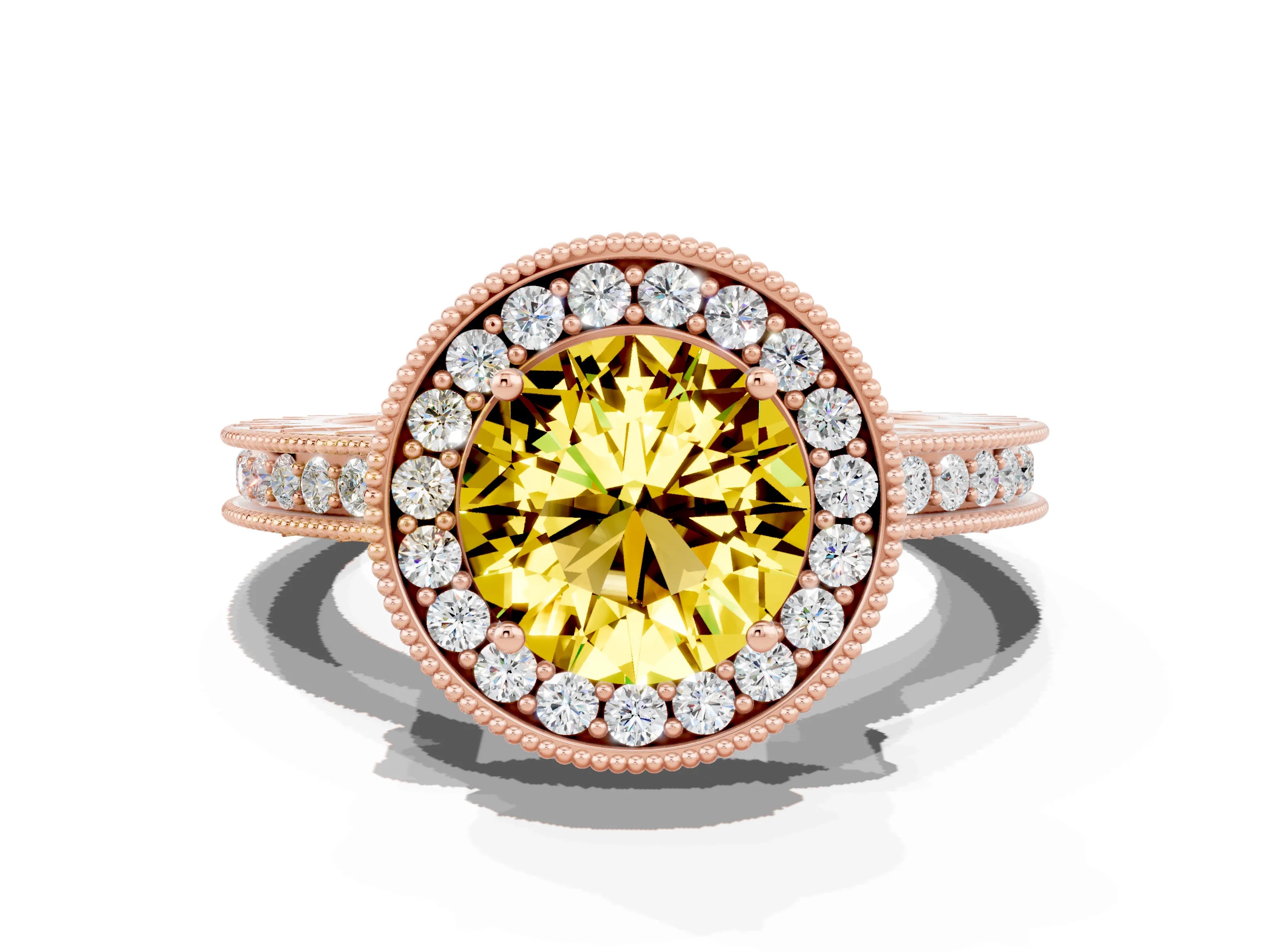 Rose gold Round Cut Halo Diamond Engagement Ring with Milgrain Pave Band and Four-Prong Setting