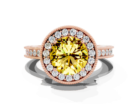 Rose gold Round Cut Halo Diamond Engagement Ring with Milgrain Pave Band and Four-Prong Setting
