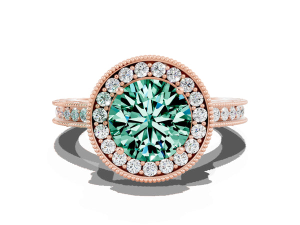 Rose gold Round Cut Green Sapphire Milgrain Halo Engagement Ring with Round Pavé Band and Prong Setting