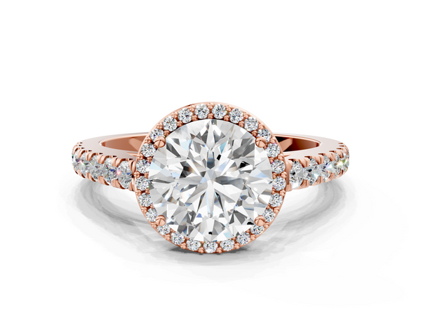 Rose gold Round Cut Halo Diamond Engagement Ring with Pave Band and Four-Prong Setting