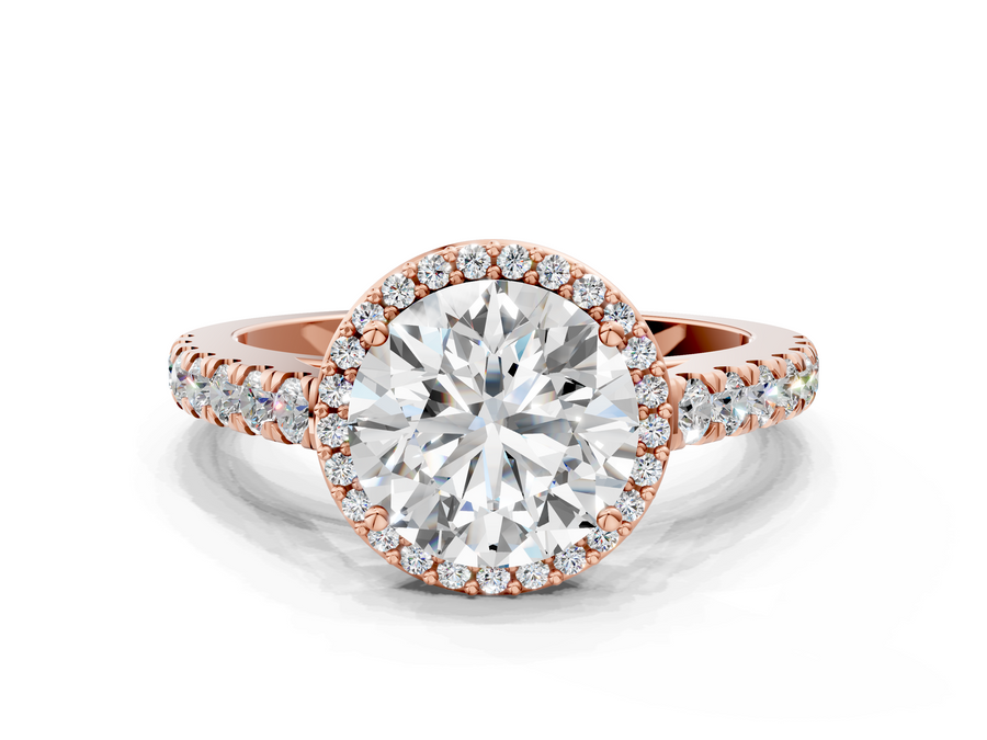 Rose gold Round Cut Halo Diamond Engagement Ring with Pave Band and Four-Prong Setting