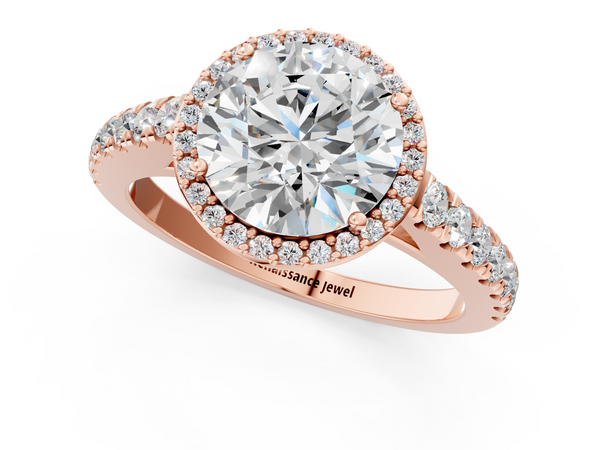 Rose gold Round Cut Halo Diamond Engagement Ring with Pave Band and Four-Prong Setting
