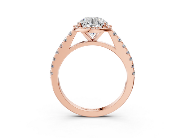 Rose gold Round Cut Halo Diamond Engagement Ring with Pave Band and Four-Prong Setting