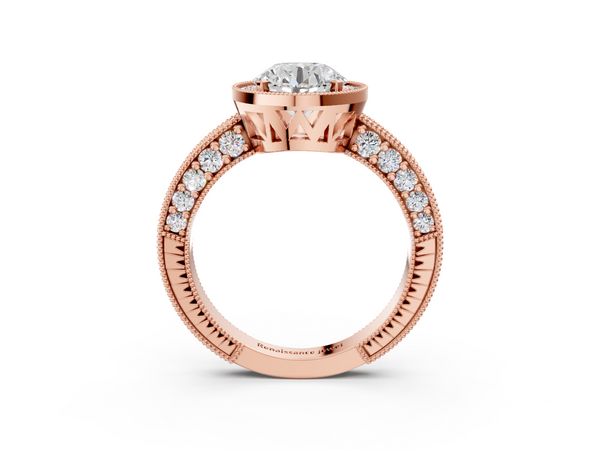 Rose gold Round Cut Halo Diamond Pave Band Ring with Four-Prong Setting