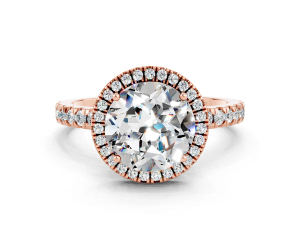 Rose gold Round Cut Moissanite Classic Halo Engagement Ring with Round Pavé Band and Prong Setting