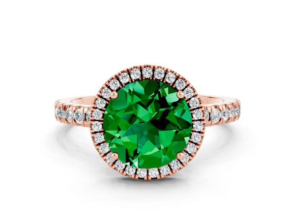 Rose gold Round Cut Emerald Classic Halo Engagement Ring with Round Pavé Band and Prong Setting