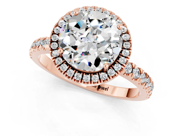 Rose gold Round Cut Moissanite Classic Halo Engagement Ring with Round Pavé Band and Prong Setting