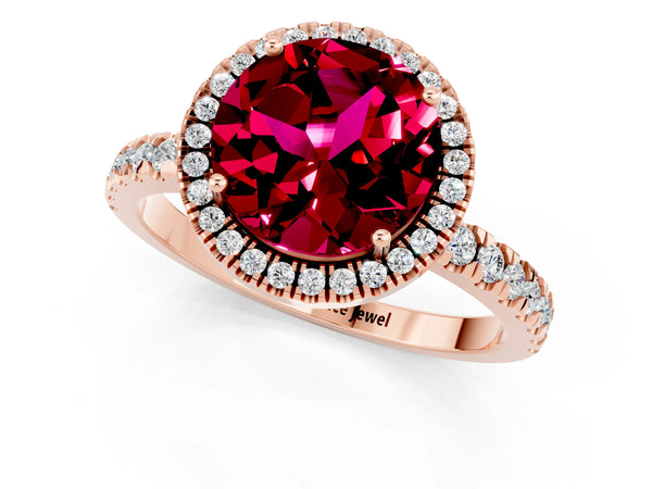 Rose gold Round Cut Garnet Classic Halo Engagement Ring with Round Pavé Band and Prong Setting