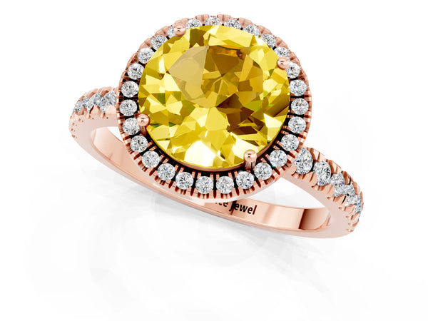 Rose gold Round Cut Yellow Sapphire Classic Halo Engagement Ring with Round Pavé Band and Prong Setting