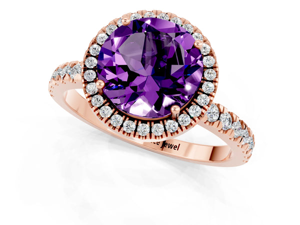 Rose gold Round Cut Amethyst Classic Halo Engagement Ring with Round Pavé Band and Prong Setting