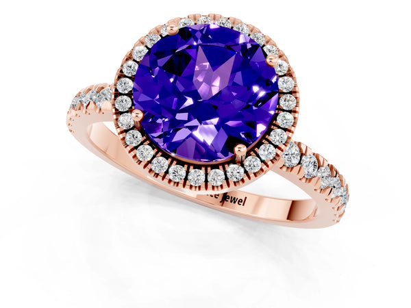 Rose gold Round Cut Tanzanite Classic Halo Engagement Ring with Round Pavé Band and Prong Setting