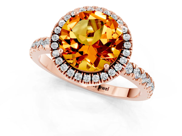 Rose gold Round Cut Citrine Classic Halo Engagement Ring with Round Pavé Band and Prong Setting