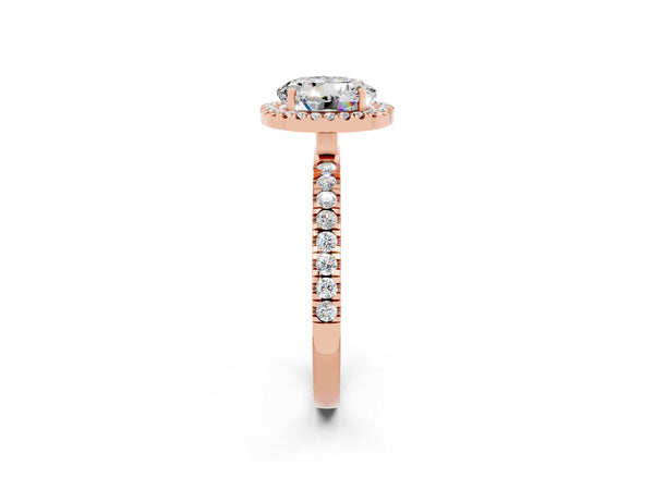 Rose gold Round Cut Moissanite Classic Halo Engagement Ring with Round Pavé Band and Prong Setting