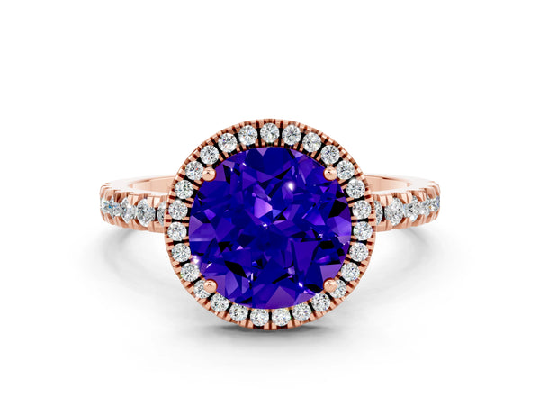 Rose gold Round Cut Tanzanite Classic Halo Engagement Ring with Round Pavé Band and Prong Setting