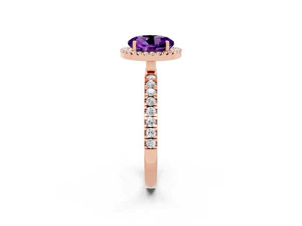 Rose gold Round Cut Amethyst Classic Halo Engagement Ring with Round Pavé Band and Prong Setting