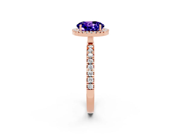 Rose gold Round Cut Tanzanite Classic Halo Engagement Ring with Round Pavé Band and Prong Setting