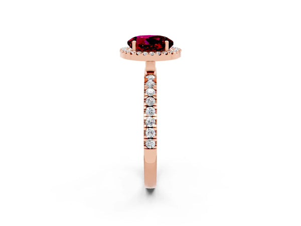 Rose gold Round Cut Garnet Classic Halo Engagement Ring with Round Pavé Band and Prong Setting