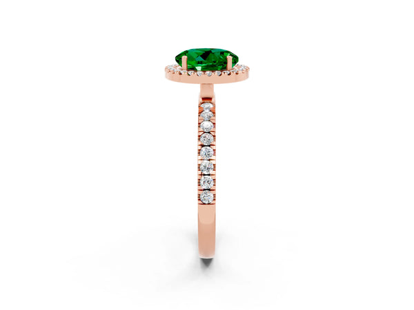Rose gold Round Cut Emerald Classic Halo Engagement Ring with Round Pavé Band and Prong Setting