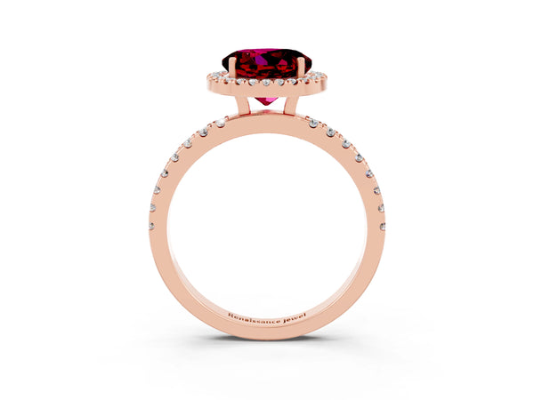 Rose gold Round Cut Garnet Classic Halo Engagement Ring with Round Pavé Band and Prong Setting