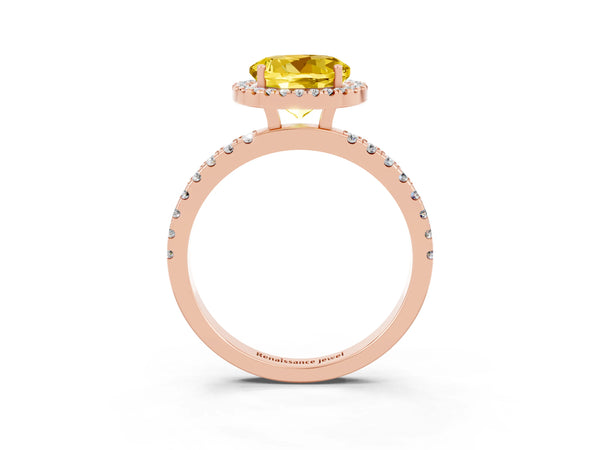 Rose gold Round Cut Yellow Sapphire Classic Halo Engagement Ring with Round Pavé Band and Prong Setting