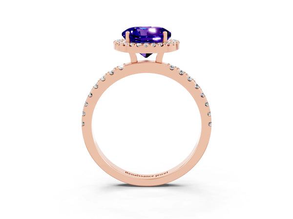 Rose gold Round Cut Tanzanite Classic Halo Engagement Ring with Round Pavé Band and Prong Setting