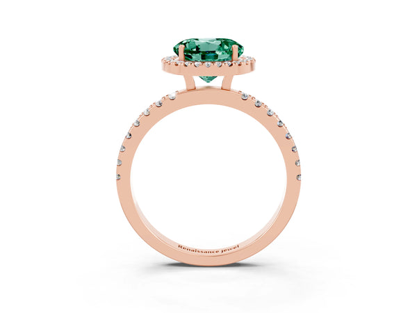 Rose gold Round Cut Green Sapphire Classic Halo Engagement Ring with Round Pavé Band and Prong Setting