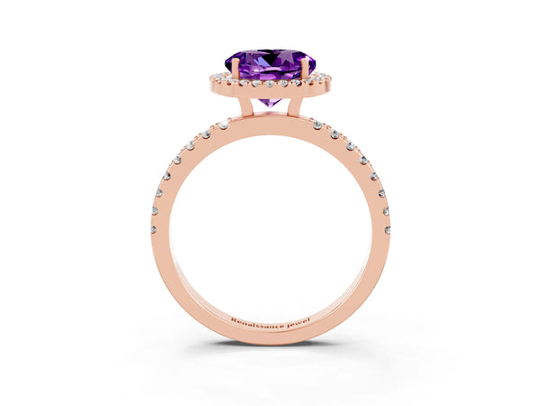 Rose gold Round Cut Amethyst Classic Halo Engagement Ring with Round Pavé Band and Prong Setting