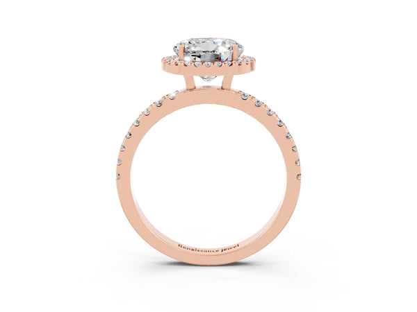 Rose gold Round Cut Moissanite Classic Halo Engagement Ring with Round Pavé Band and Prong Setting