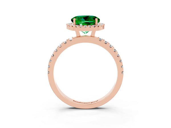Rose gold Round Cut Emerald Classic Halo Engagement Ring with Round Pavé Band and Prong Setting