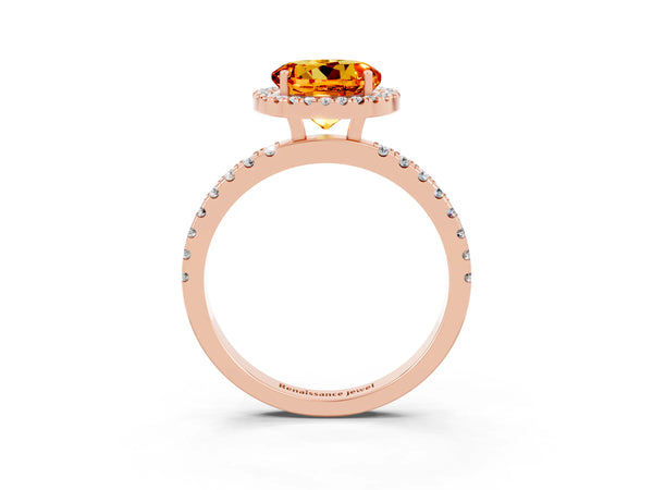 Rose gold Round Cut Citrine Classic Halo Engagement Ring with Round Pavé Band and Prong Setting